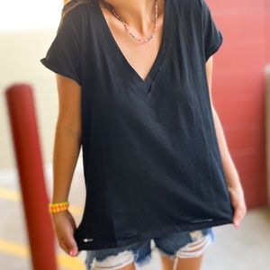 Black Short Sleeve V Neck Top w/ Distressed Hem and Slits